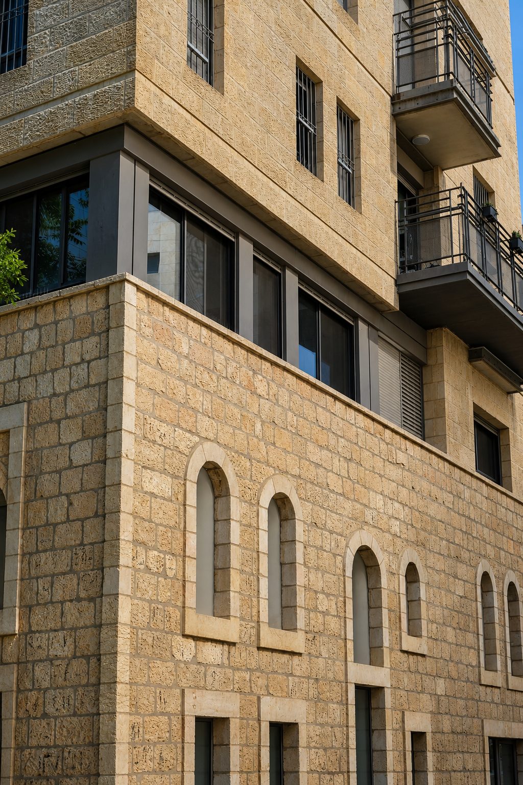 פרט אדריכלי של חזית אבן ירושלמית עם חלונות קשתיים, מבנייני משכנות העיר